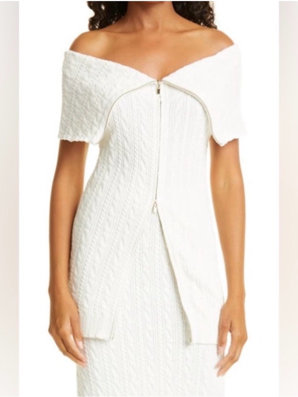 Rebecca Taylor Off-Shoulder Cable Knit White Sweater Set (zip up top & skirt) XS